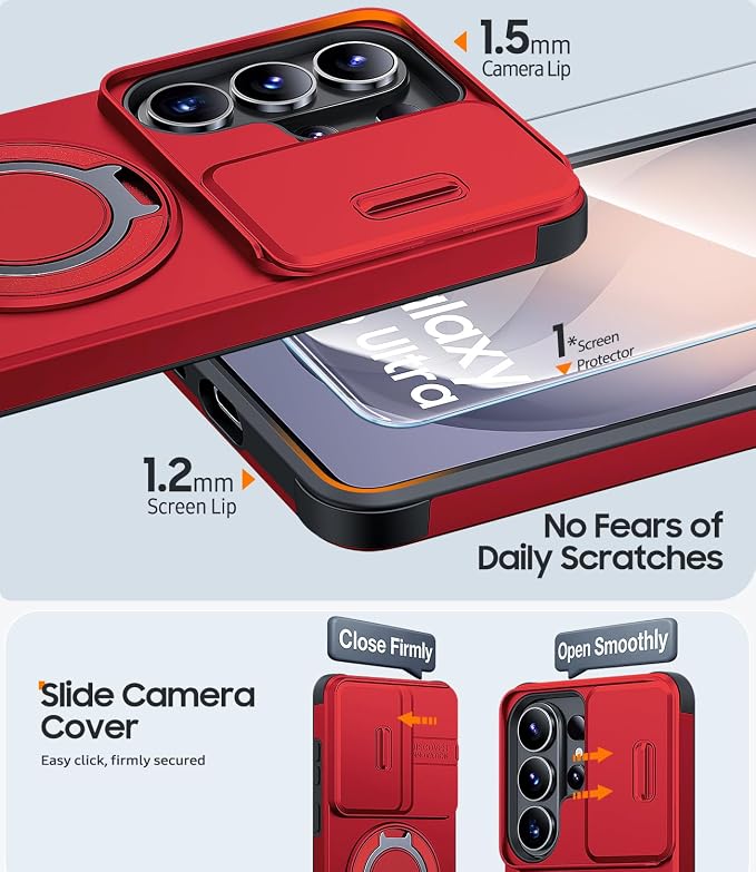JAME for Samsung Galaxy S26 Ultra Case, Ring Holder Stand Kickstand, Slide Camera Cover with Screen Protector, Dual-Layer Shockproof Protective Magnetic Accessory Friendly S26 Ultra Phone Case, Red