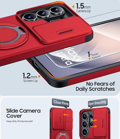 JAME for Samsung Galaxy S26 Ultra Case, Ring Holder Stand Kickstand, Slide Camera Cover with Screen Protector, Dual-Layer Shockproof Protective Magnetic Accessory Friendly S26 Ultra Phone Case, Red
