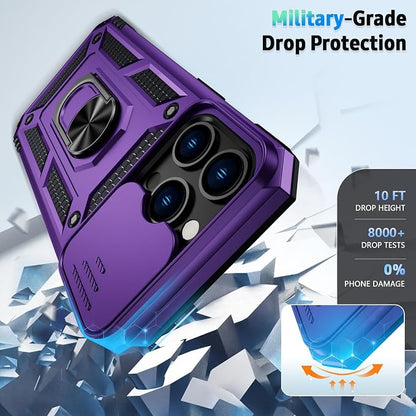 for iPhone 13 Pro Case with Camera Lens Cover, HD Screen Protector, 10 FT Military Grade Drop Protection, Magnetic Ring Holder Kickstand Protective Phone Case for iPhone 13 Pro, Deep Purple
