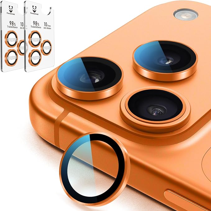 PandaShield 2-Pack Anti-Reflection Camera Lens Protector for iPhone 17/16/15 Pro & Pro Max, Easy Installation, Anti-Scratch,9H Hardness,98% Ultra Clarity,Maintains Original Lens Design – Cosmic Orange