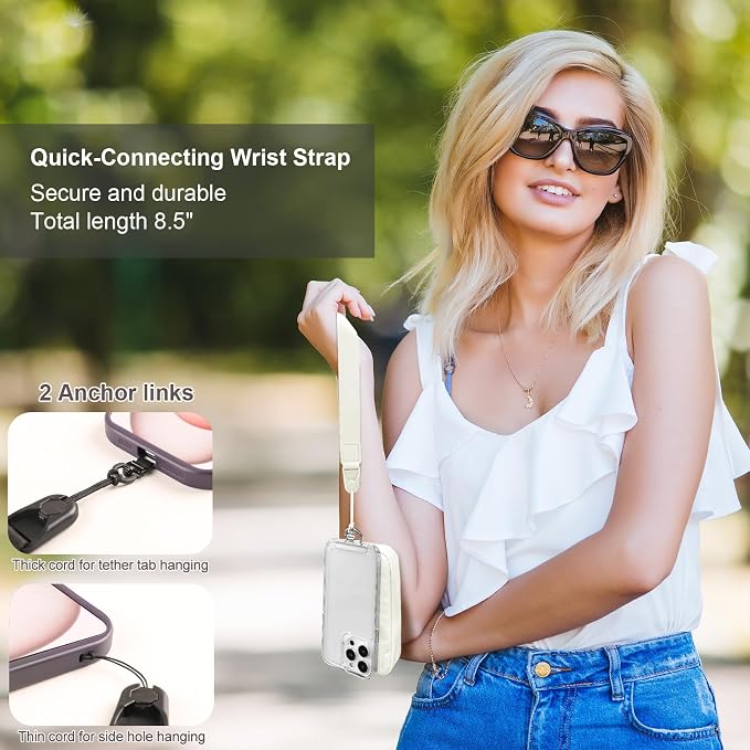 YFWE Clip and Go Strap for Phone with Wallet Crossbody, Adjustable Phone Lanyard with Detachable RFID Wristlet Wallet & Ultra-Thin 360° Rotatable Metal Tabs for All Smartphones (Cream)