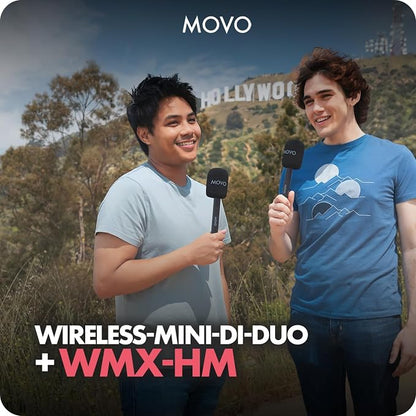 Movo Wireless Mini DI Duo Dual Ultra Compact Wireless Lavalier Microphones for iPhone with Handheld Adapter - Lapel Mic with Handle Mount for Content Creators, Interviews, Reporting and More