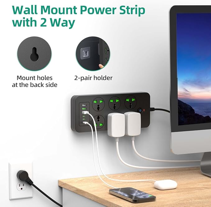 Power Strip with 6 Universal Outlets 3 USB 3 USB C Ports, 3.1A, Overload Protection, 3000w, 110-240v, International Power Adapter for Home Office Travel Essentials, US Flat Plug, Black