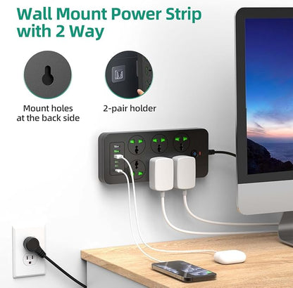 Power Strip with 6 Universal Outlets 3 USB 3 USB C Ports, 3.1A, Overload Protection, 3000w, 110-240v, International Power Adapter for Home Office Travel Essentials, US Flat Plug, Black