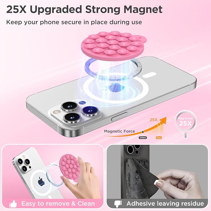 Magnetic Suction Cup Phone Mount with MagSafe, Silicone Hands-Free Grip Holder for iPhone Case and Android, Mirror Shower Phone Stand for Makeup FaceTime Gym Kitchen Bathroom, Tender Pink