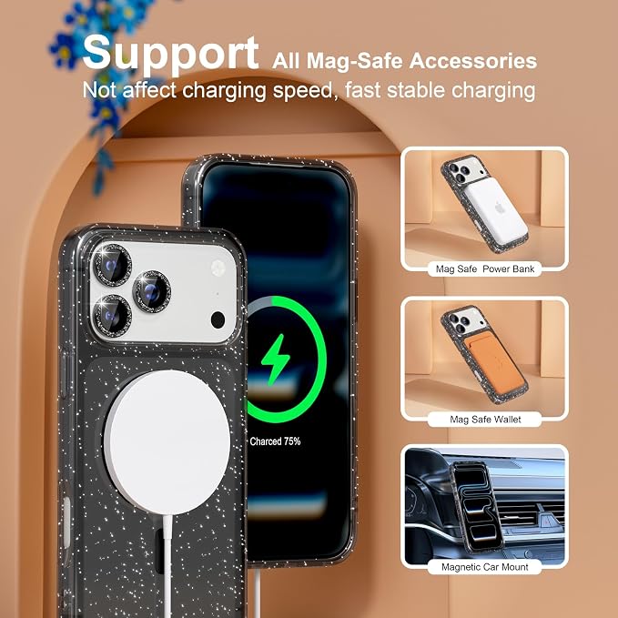 Choiche Magnetic for iPhone 17 Pro Max Case Compatible with MagSafe, Women Cute Glitter Sparkly Phone Case with Diamond Camera Lens Protectors, Military-Grade Drop Protection 6.9" (Black)