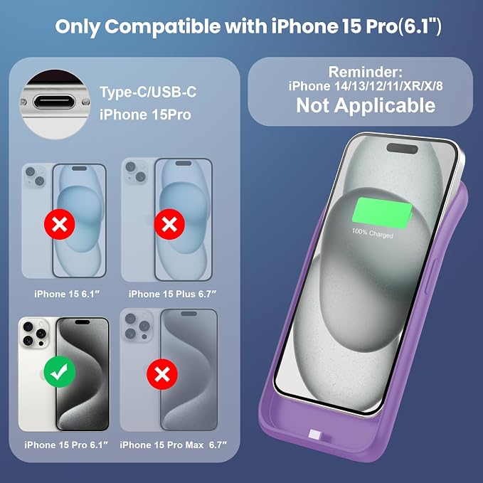 Feob Battery Case for iPhone 15Pro (6.1Inch), Real 7500mAh Ultra Slim Portable & 15W Fast Charging, Rechargeable Protective Extended Charger Case Cover Only for iPhone 15Pro Charging Case-Purple