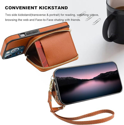 Bocasal RFID Blocking Wallet Case for iPhone 13 Pro, Adjustable Crossbody Zipper Purse Case Card Holder with Kickstand Detachable Wrist Strap, PU Leather Flip Folio Case 6.1 Inch 5G (Brown)