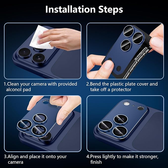 for iPhone 17 Pro Camera Lens Protector, [Military Grade Shatterproof] [Strong Adsorption] [Case Friendly] Full Coverage Metal Aluminum Alloy 9H Tempered Glass Camera Screen Cover, Navy Blue