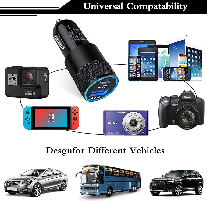USB C Fast Car Charger,30W 3.0 PD Type C Car Adapter 2 Port USB C Car Plug Compatible for iPhone 17/16/15/14/13/12 Pro Max/11 Pro/SE/X/XR/8/7/6 Plus,Samsung Galaxy S25 S24 S23 S22 S21 S20,Pixel 9 8 7
