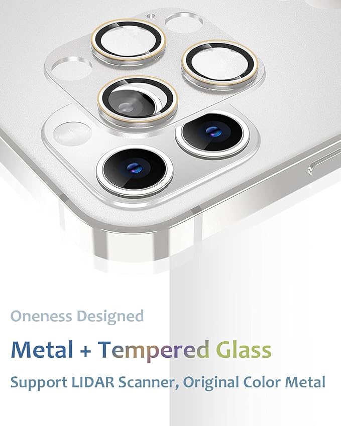 [2 Pack] Camera Lens Protector Compatible for iPhone 13 Pro / 13 Pro Max Metal Plus Tempered Glass Camera Cover Support LIDAR Scanner, Anti-Explosion for iPhone 13 Pro Max /13 Pro Silver Gold