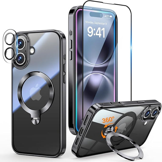 [Tri-Shield Protection] for iPhone 16 Case with 360° Spin Stand Compatible with MagSafe [Magnetic CD Ring] [Screen & Camera Lens Protector] Shockproof Plating Never-Yellowing, Black-6.1"