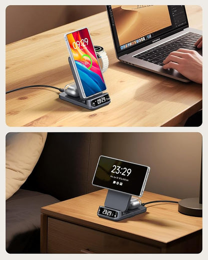 Magnetic Wireless Charging Station for Samsung, 3-in-1 Foldable Fast Charger for Galaxy S26/S25/S24/S23/Z Fold & Flip 7/6/5, Galaxy Watch 8/7/6/5 Pro/Ultra & Buds, SwanScout 708SM (Need Magnetic Case)
