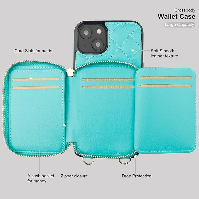 Bocasal Crossbody Wallet Case for iPhone 14 Plus, RFID Blocking PU Leather Zipper Handbag Purse Flip Cover, Kickstand Folio Case with Card Slots Holder Wrist Strap Lanyard 5G 6.7 Inch (Mint Green)