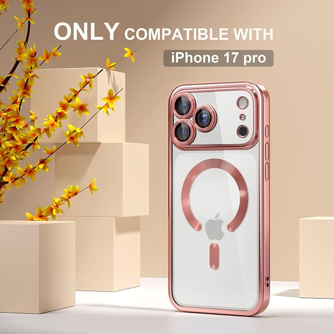Misea Magnetic for iPhone 17 Pro Case Compatible with MagSafe [Never Yellowing] [Military Grade Drop Protection] Full Camera Lens Protector Plating Soft Clear Phone Case for Women, Pink