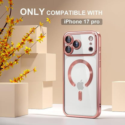 Misea Magnetic for iPhone 17 Pro Case Compatible with MagSafe [Never Yellowing] [Military Grade Drop Protection] Full Camera Lens Protector Plating Soft Clear Phone Case for Women, Pink
