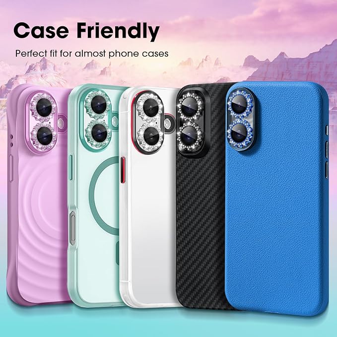 Xfilm for iPhone 16/16 Plus Camera Lens Protector Bling Individual Sun Design Diamond Ring 9H Hardness Scratchproof Protector, Stylish Phone Accessories, Case Friendly (Pink)