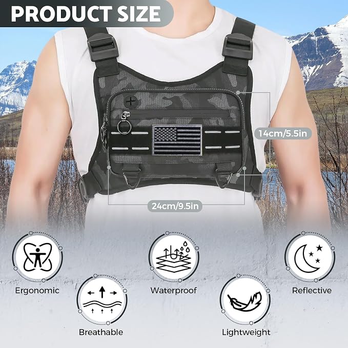 Muserise Sports Chest Bag For Men Women, Water Resistant Lightweight Front Chest Pack, Running Vest Bag With Built-In Phone Holder & Extra Storage For Workouts, Running, Cycling (Camo)