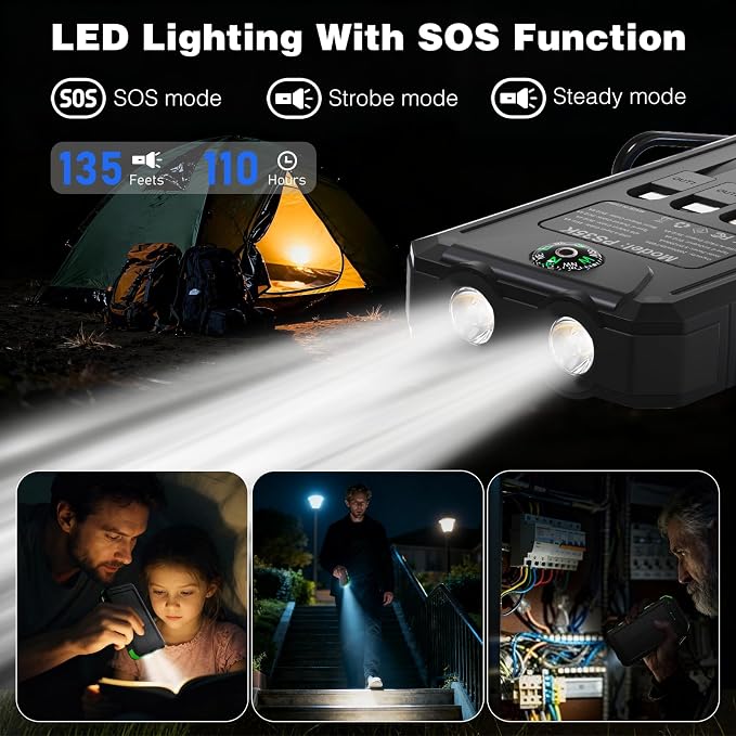 Solar Charger Power Bank 20,000mAh, Portable Charger, 4 Cables 3 Ports Fast Charging External Battery Pack with USB C for Cell Phones, Solar Panel Charger with Dual Flashlight for Camping Black