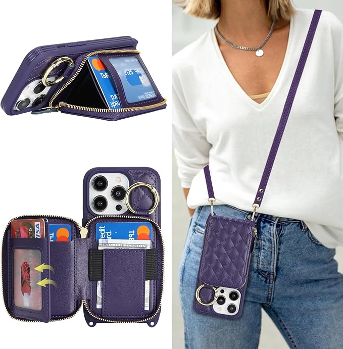 Crossbody Wallet Case for iPhone 14 Pro, PU Leather Zipper Handbag Purse Flip Cover, Kickstand Folio Case with Card Slots Holder Wrist Strap Lanyard 5G 6.1 Inch-Purple