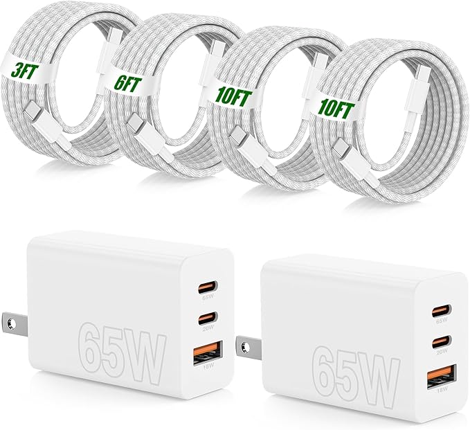 65W Super Fast Charger USB C for iPhone 17 16 15 Pro Max,2Pack 100W [65W Max] 3-Port USB C Wall Charger Block & 3/6/10/10FT Braided Type C Cord for iPhone 17,MacBook iPad for Samsung Galaxy S26 Ultra