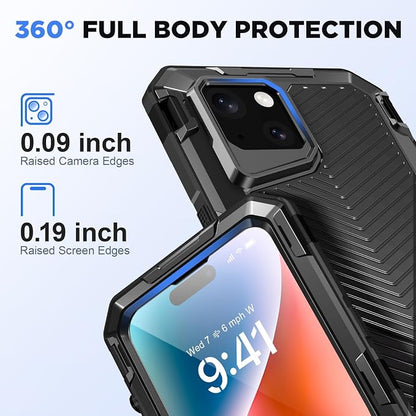 Beasyjoy for iPhone 14 Waterproof Case, Metal Heavy Duty Case with Built-in Temperd Glass Screen Protector, Military Grade Shockproof Full Body Protection, Rugged Phone Cover for iPhone 14, Black