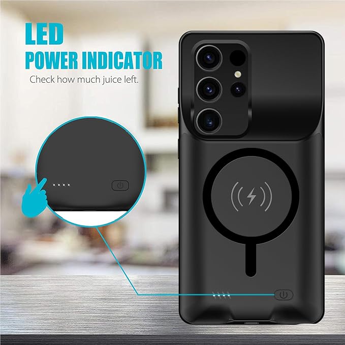 Battery Case for Galaxy S24 Ultra, 12000mAh High Capacity Portable Charger Rechargeable Smart Battery Pack Compatible with Galaxy S24 Ultra 6.8 inch Charging Case Support Wireless & Carplay - Black