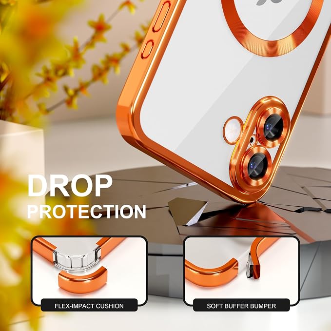 Misea Magnetic for iPhone 17 Case Compatible with MagSafe [Never Yellowing] [Military Grade Drop Protection] Full Camera Lens Protector Plating Soft Clear Phone Case for Women, Cosmic Orange