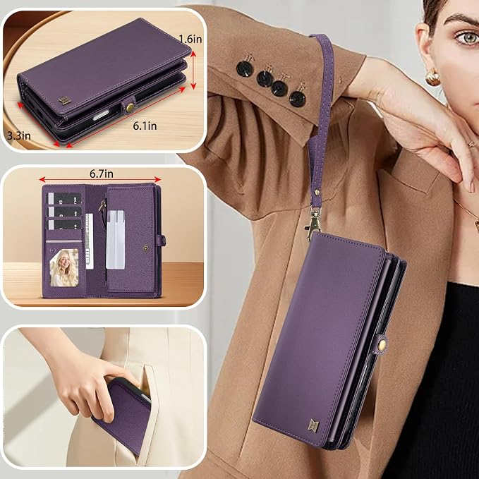 for Wallet Case Compatible with iPhone 16e / 17e ,Multi-Function Detachable 2 in 1 Magnetic iPhone 16e / 17e Case Wallet,Flip Strap Zipper Card Holder Phone Case with Shoulder Straps (Pruple)
