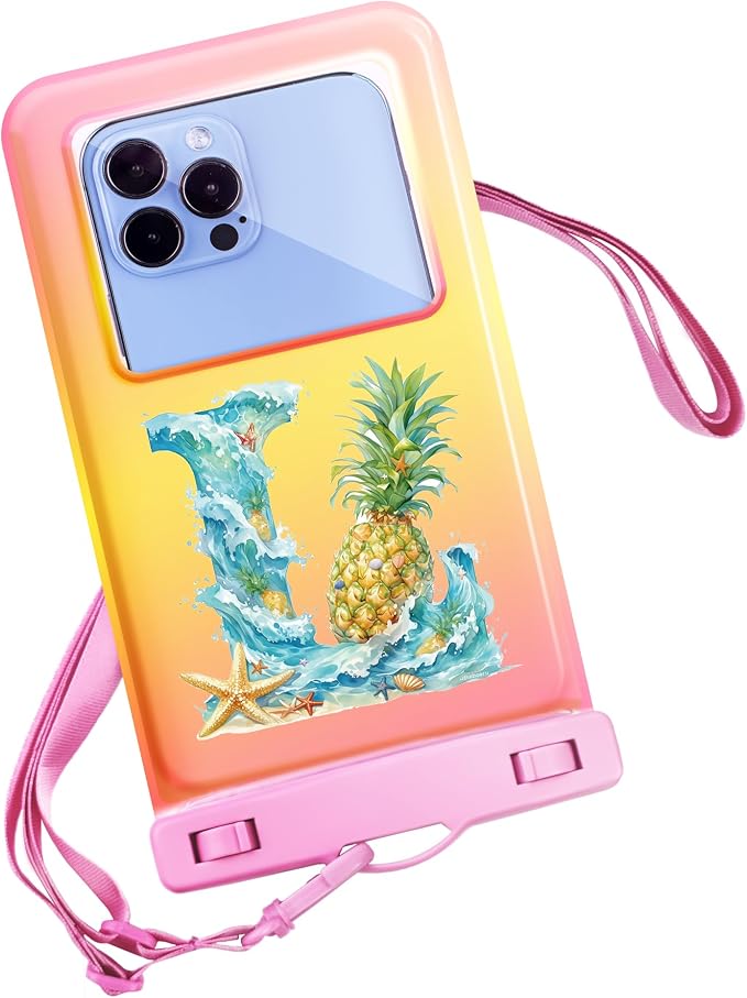 Personalized Initial Waterproof Phone Pouch Case - IPX8 Cellphone Dry Bag with Lanyard for iPhone 16/15/14/13/12 Pro Max (6.1–6.9"), Beach & Cruise Ship Essentials with Monogrammed Design (Pink, L)