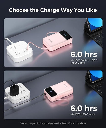 Portable-Charger-Power-Bank Travel Essentials Battery Pack USB C 30000mAh Built in Cable 22.5W Phone Fast Charging Powerbank Compatible with iPhone 16 15 14 13 12 11 iPad Google Xiaomi (Pink)