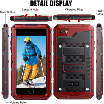 Mitywah Waterproof Case for iPhone SE 2020, Heavy Duty Military Grade Armor Metal Case, Full Body Protective Shockproof Dustproof Strong Rugged Thick Case for iPhone SE2, Red