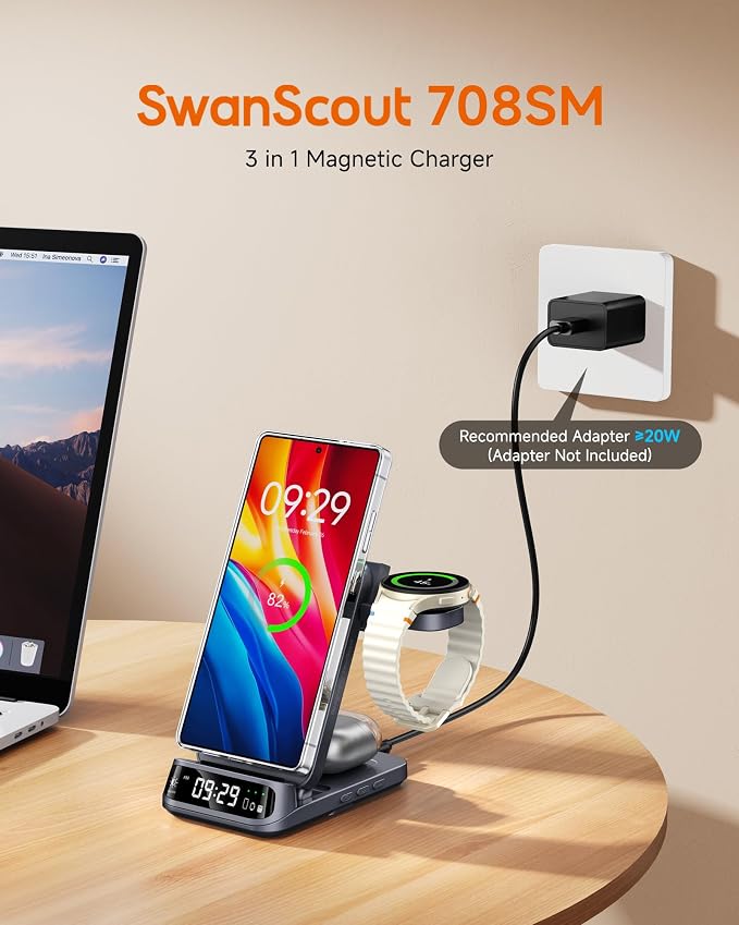 Magnetic Wireless Charging Station for Samsung, 3-in-1 Foldable Fast Charger for Galaxy S26/S25/S24/S23/Z Fold & Flip 7/6/5, Galaxy Watch 8/7/6/5 Pro/Ultra & Buds, SwanScout 708SM (Need Magnetic Case)