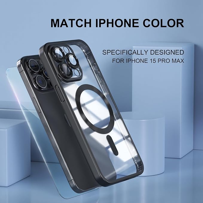 Misea Magnetic for iPhone 15 Pro Max Case [Never Yellowing] [Military Grade Drop Protection] Full Camera Lens Protector Soft Clear Phone Case for Women Girls, Titanium Black