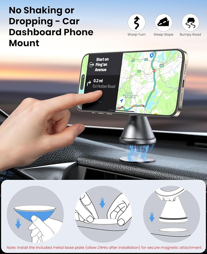 Detachable Magnetic Phone Holder for Car & Gym - All Aluminum Alloy Base Stays on Car Dashboard, Portable Phone Mount for iPhone 12/13/14/15/16/17 Series
