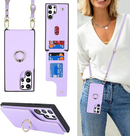 Lipvina for Samsung Galaxy S22 Ultra Case with Card Holder and Strap for Women,Crossbody Lanyard,RFID Blocking,Ring Stand,Snap Clasp,Phone Wallet Cases 6.8 inch(Purple)