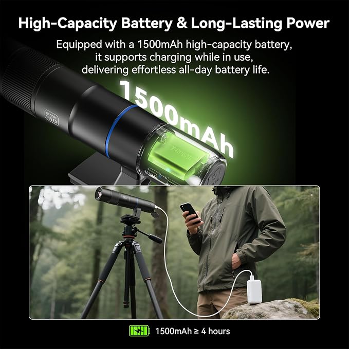 45X Wireless Digital Telephoto Lens, High Power HD Electronic Telephoto Phone Lens with 2.4G Wi-Fi App Connect, 1500mAh Battery for Birdwatching, Watch Concerts, Watch Match, Moon Viewing