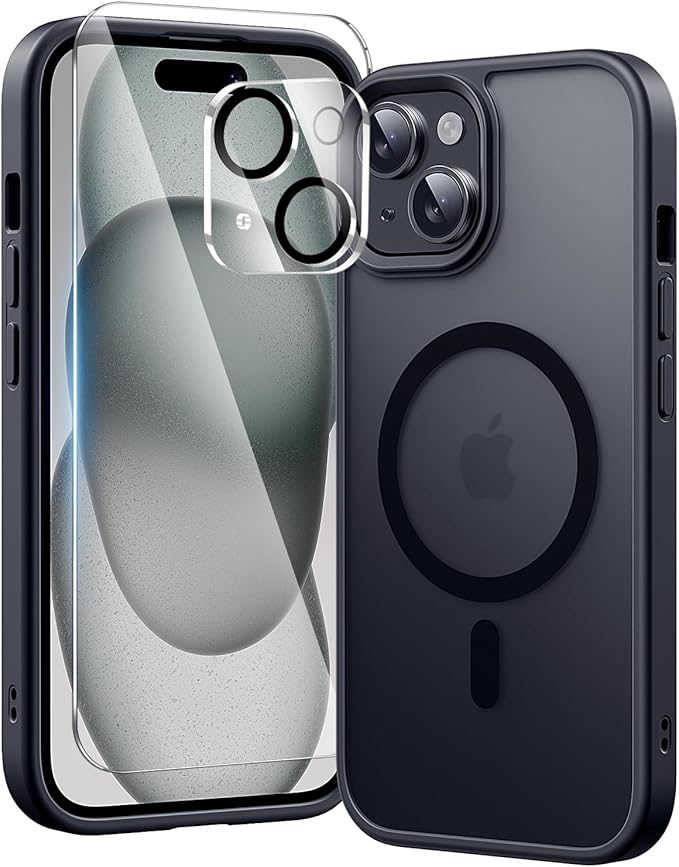 3 in 1 for iPhone 15 Case with MagSafe, Screen Protector*1 Camera Lens Protector*1,Matte Skin Feeling Back Cover Military-Grade Protection for iPhone 15 Phone Case 6.1 inch Matte Black