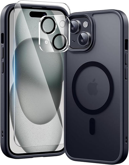 3 in 1 for iPhone 15 Case with MagSafe, Screen Protector*1 Camera Lens Protector*1,Matte Skin Feeling Back Cover Military-Grade Protection for iPhone 15 Phone Case 6.1 inch Matte Black