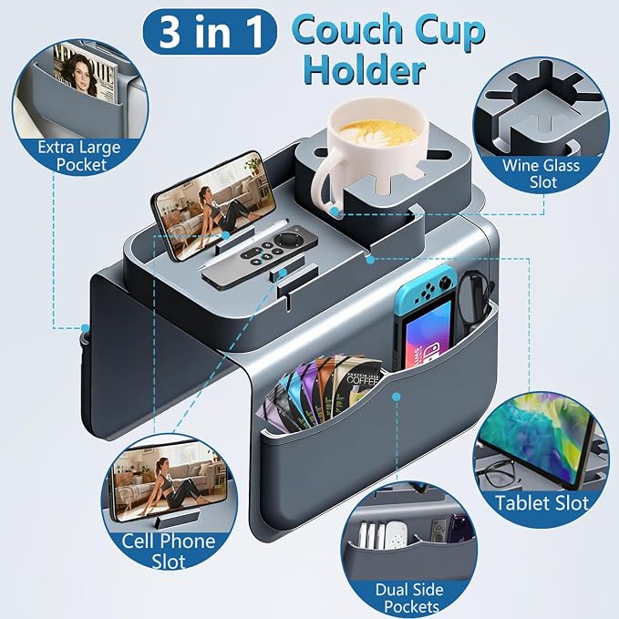 Silicone Couch Cup Holder for Tablet & Phone Stand, Sofa Arm Tray Organizer with Dual Side Pockets for Remotes Snacks Headphones & Glasses Drinks Anti-Slip & Heat Resistant Sofa Caddy (Gray)