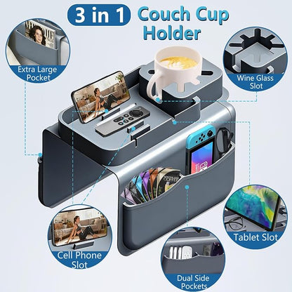 Silicone Couch Cup Holder for Tablet & Phone Stand, Sofa Arm Tray Organizer with Dual Side Pockets for Remotes Snacks Headphones & Glasses Drinks Anti-Slip & Heat Resistant Sofa Caddy (Gray)