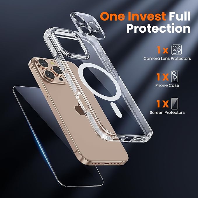 3 in 1 for iPhone 16 Pro Max Case Clear with MagSafe, Yellowing-Resistant Acrylic Back, Shockproof Guard Corners, Military-Grade Protection for iPhone 16 Pro Max Phone Case Clear Bumper
