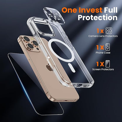 3 in 1 for iPhone 16 Pro Max Case Clear with MagSafe, Yellowing-Resistant Acrylic Back, Shockproof Guard Corners, Military-Grade Protection for iPhone 16 Pro Max Phone Case Clear Bumper