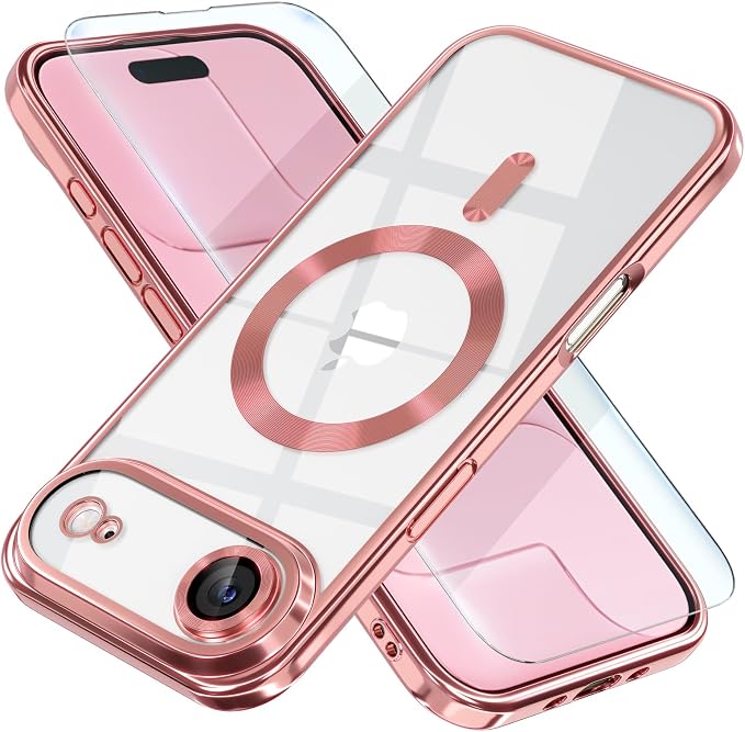 Misea Magnetic for iPhone 17 Air Case Compatible with MagSafe [Never Yellowing] [Military Grade Drop Protection] Full Camera Lens Protector Plating Soft Clear Phone Case for Women, Pink