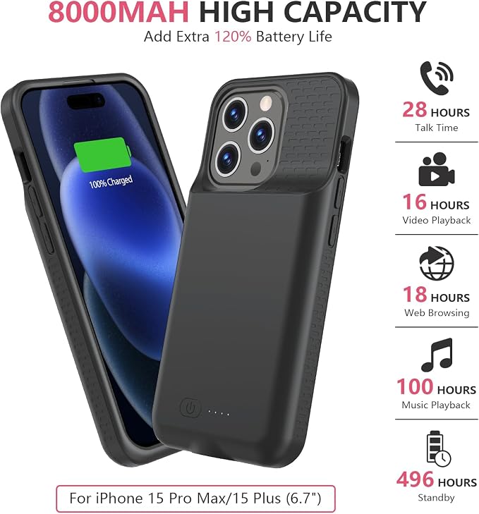BOPPS Battery Case for iPhone 15 Pro Max /15 Plus【Support Carplay 】，Ultra Powerful 8000mAh Portable Rechargeable Protective Extended Charger Cover for iPhone 15 Plus,15 Pro Max Charging Case,Black