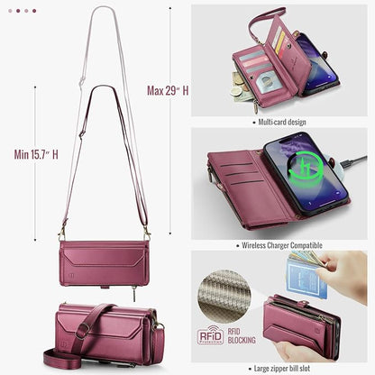 Strapurs Wallet Case Compatible with iPhone 17 Pro 6.3" RFID Blocking 9-Card Holder Soft PU Leather Magnetic Snap Shoulder Strap Zipper Pocket Phone Case Fit for iPhone 17 Pro for Women - WineRed
