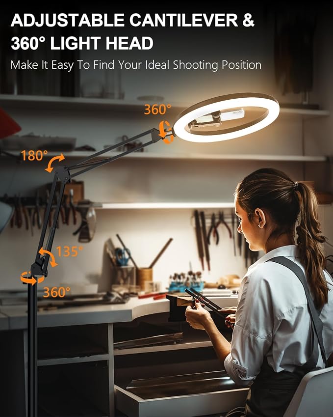 12" Overhead Phone Mount with Ring Light, 360° Circle Light - CRI >95 & Adjustable 72" Height, Phone Ring Light for Photography,Live Streaming, Cooking and Content Creation
