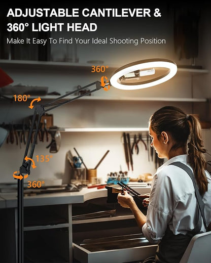 12" Overhead Phone Mount with Ring Light, 360° Circle Light - CRI >95 & Adjustable 72" Height, Phone Ring Light for Photography,Live Streaming, Cooking and Content Creation