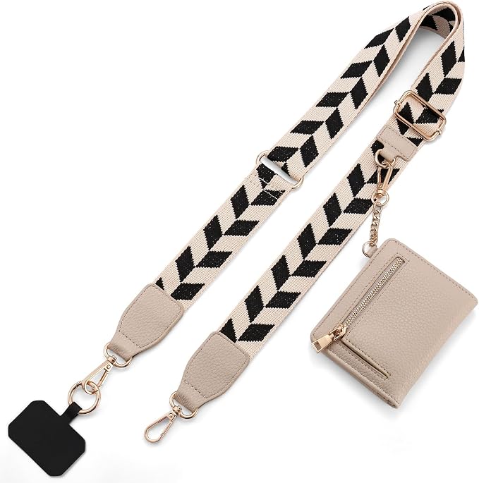Diaclara Clip and Go Phone Strap with Zipper Pouch- Stylish Crossbody Adjustable Chain Lanyard with Leather Wallet for All Phones, Black and White