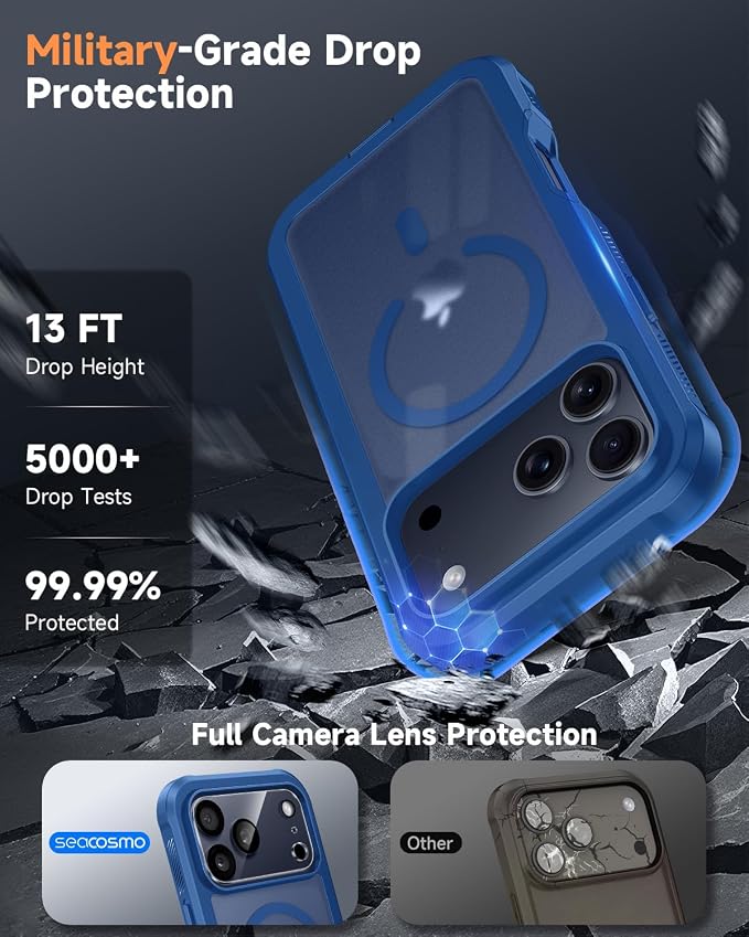 seacosmo for iPhone 17 Pro Max Case, Full Body Bumper with Built-in Tempered Glass Screen and Camera Lens Protector, Compatible with MagSafe, Shockproof 17 Pro Max Phone Case, 6.9", Blue Matte